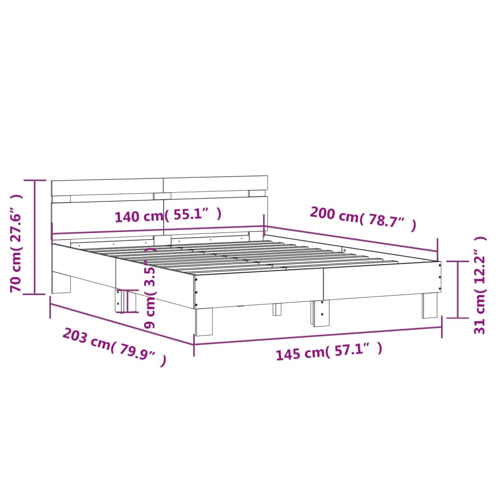 vidaXL gultas rāmis ar galvgali, pelēks, 140x200 cm, inženierijas koks