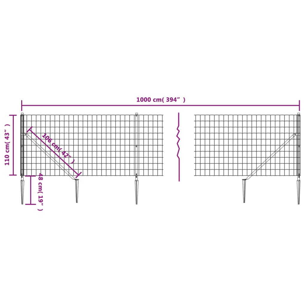 vidaXL stiepļu žogs ar zemes mietiņiem, antracītpelēks, 1,1x10 m