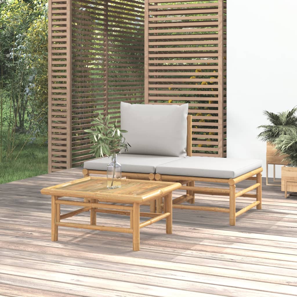 vidaXL 3-daļīgs dārza dīvānu komplekts ar pelēkiem matračiem, bambuss