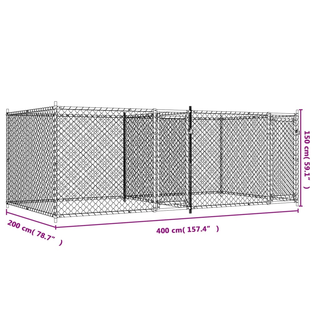 vidaXL suņu būris ar durvīm, pelēks, 4x2x1,5 m, cinkots tērauds