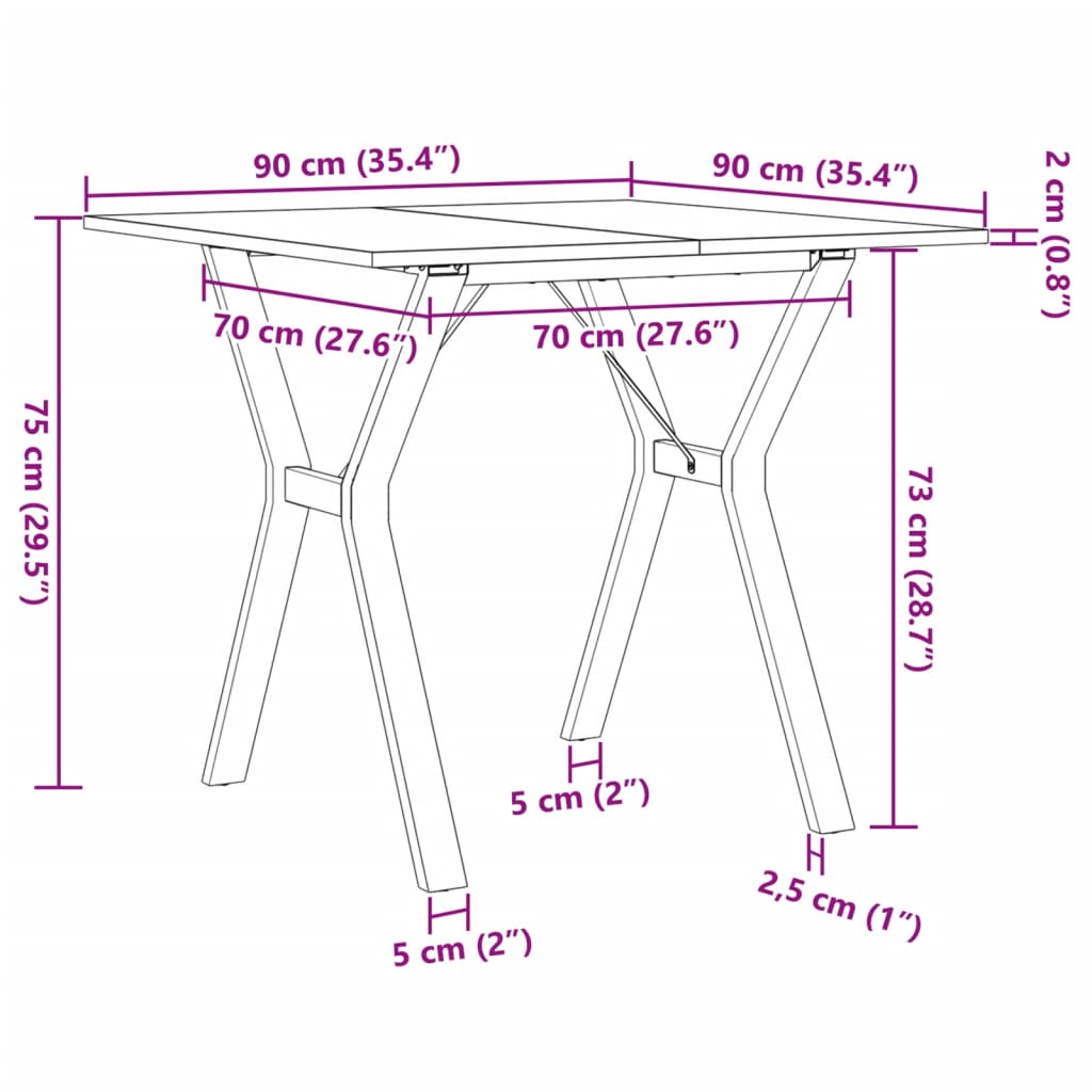 vidaXL virtuves galds, Y-rāmis, 90x90x75 cm, priedes koks, čuguns