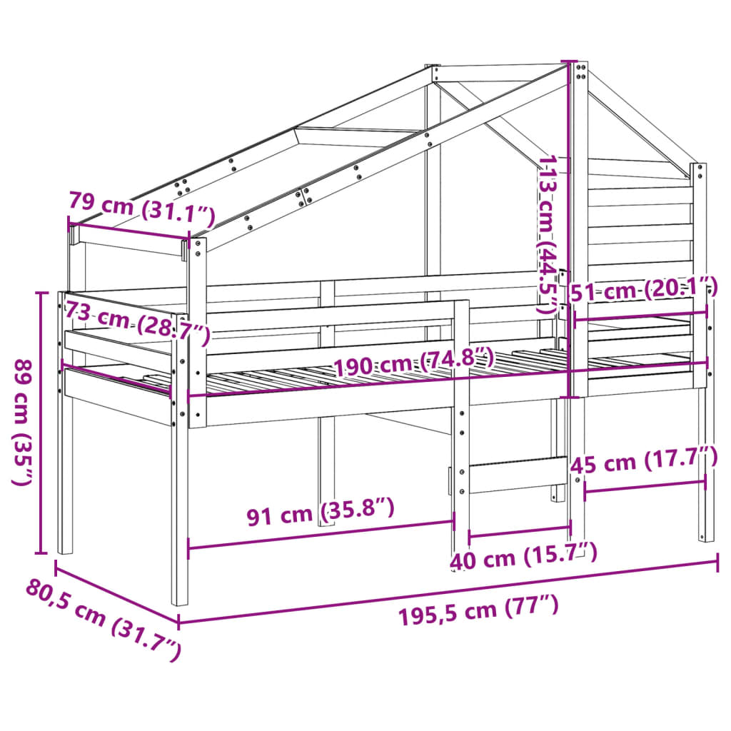 vidaXL augstā gulta ar jumtu vaska brūnas 75x190 cm priedes masīvkoks