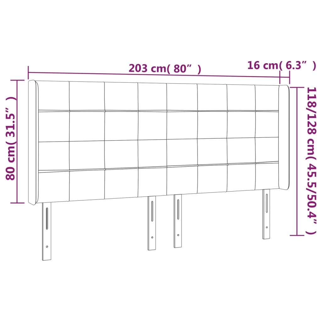 vidaXL gultas galvgalis ar LED, 203x16x118/128 cm, tumši pelēks samts