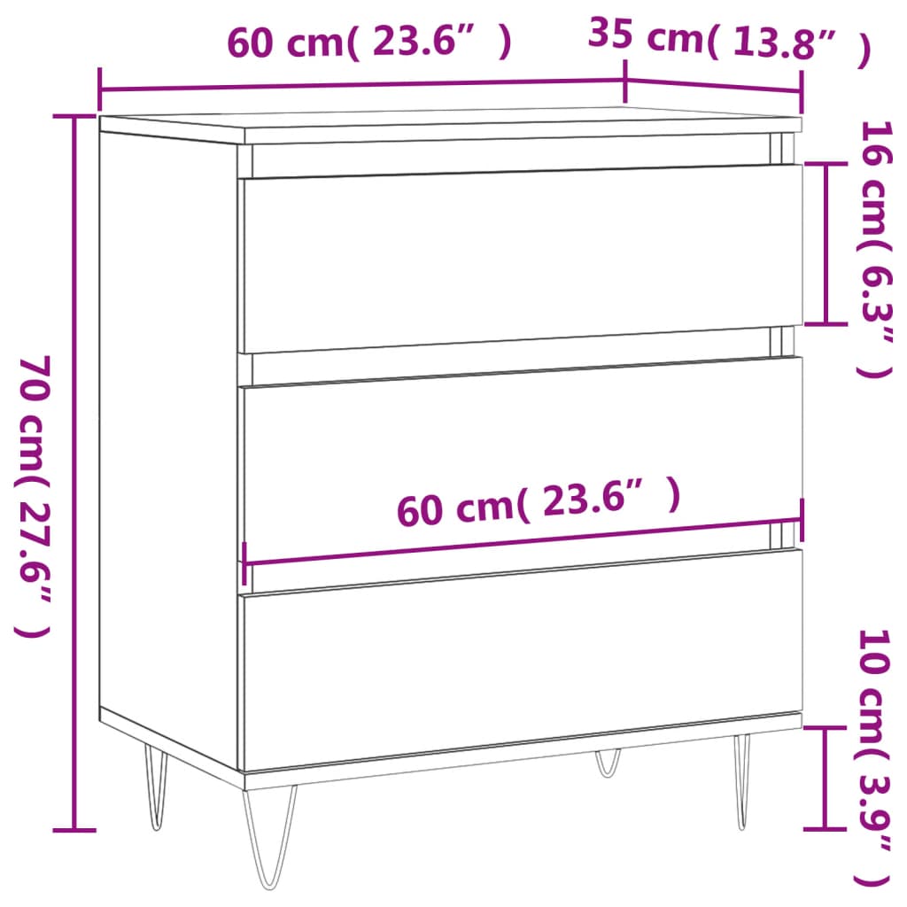 vidaXL kumode, pelēka ozolkoka, 60x35x70 cm, inženierijas koks