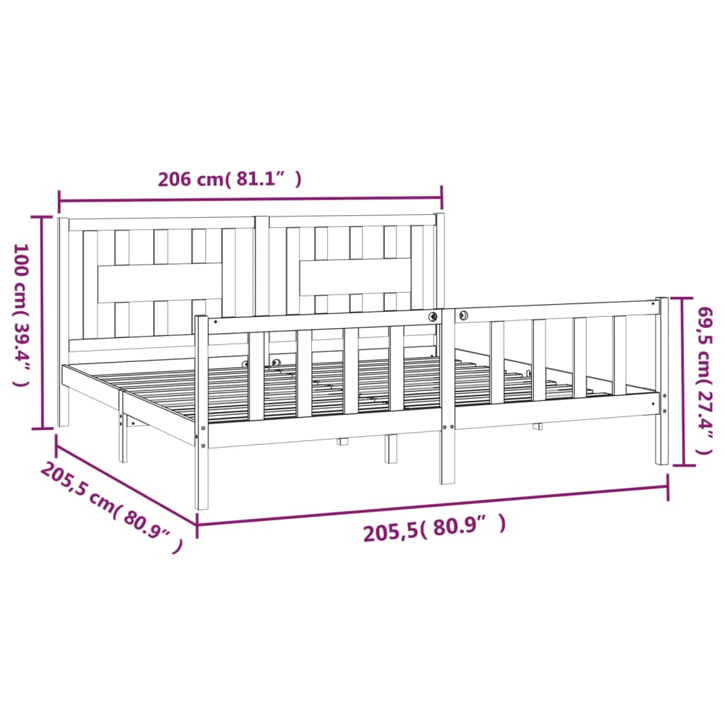 vidaXL gultas rāmis ar galvgali, pelēks, priedes masīvkoks, 200x200 cm