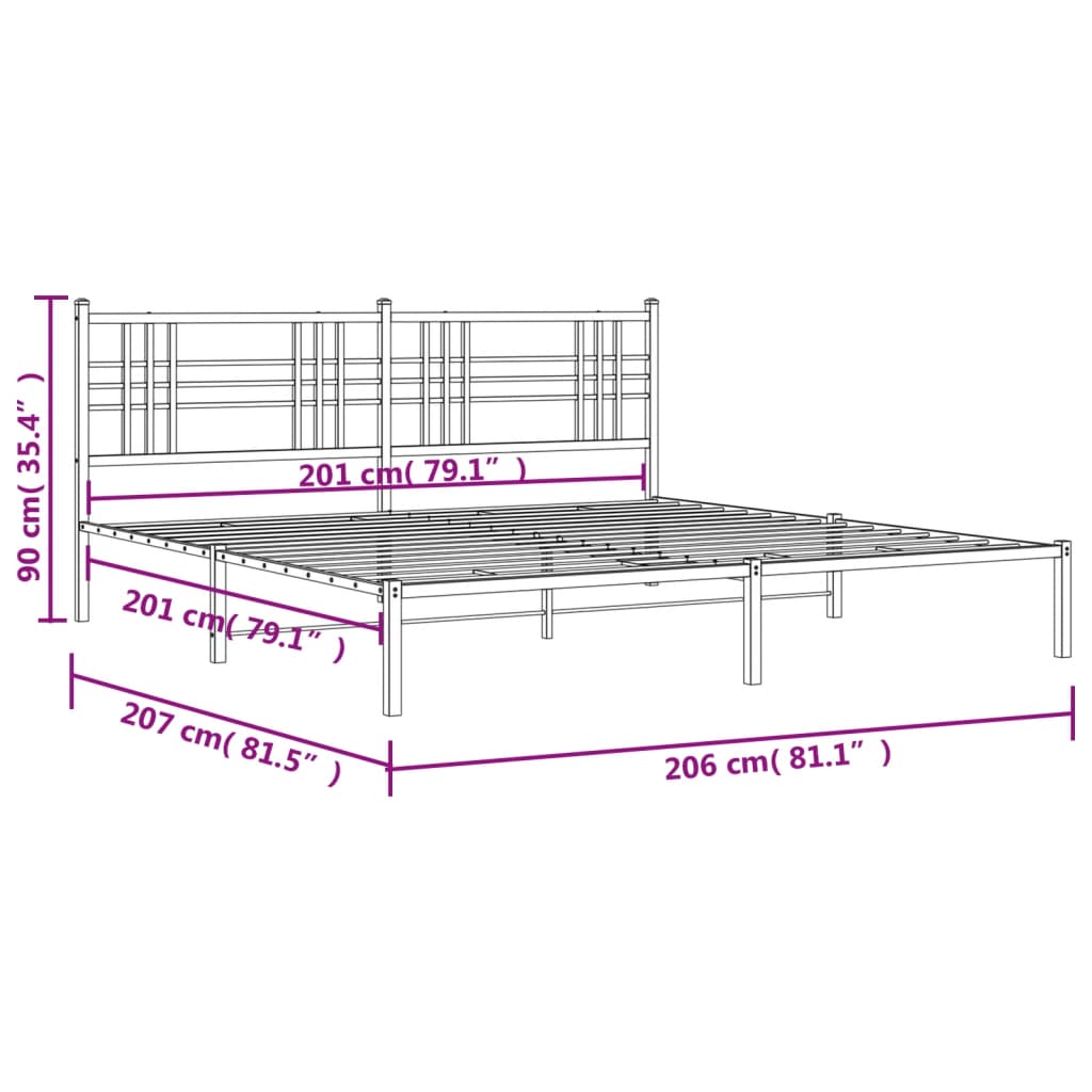 vidaXL gultas rāmis ar galvgali, melns metāls, 200x200 cm