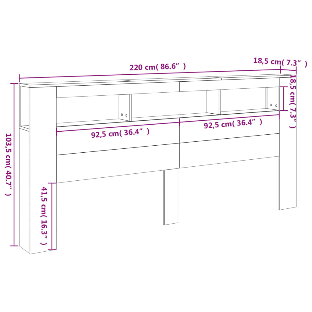 vidaXL gultas galvgalis ar LED, balts, 220x18,5x103,5 cm, koks