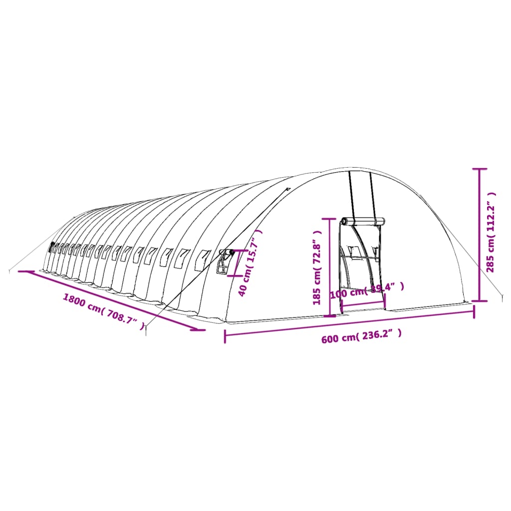 vidaXL siltumnīca ar tērauda rāmi, balta, 108 m², 18x6x2,85 m