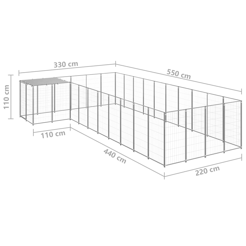 vidaXL suņu voljērs, 13,31 m², tērauds, sudraba krāsa