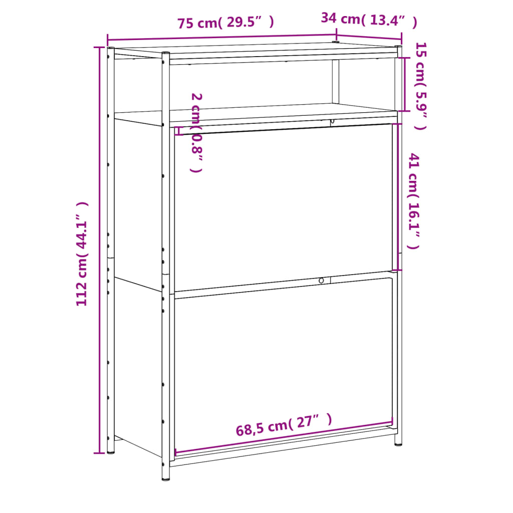 vidaXL apavu skapītis, melns, 75x34x112 cm, inženierijas koks