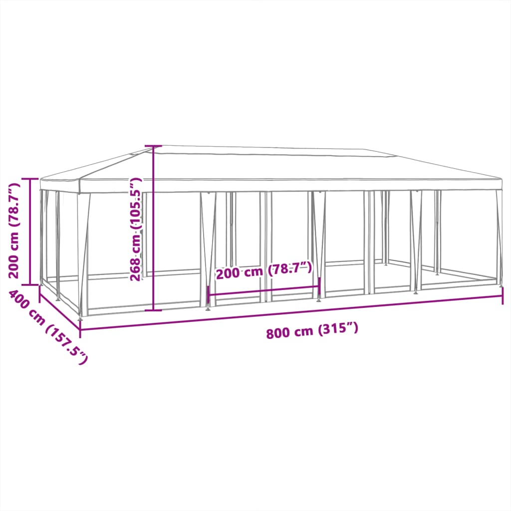 vidaXL svinību telts, ar 12 sieta sienām, 8x4 m, balta, HDPE