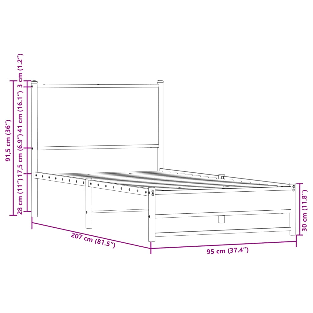 vidaXL gultas rāmis ar galvgali, brūna ozola metāls, 90x200 cm