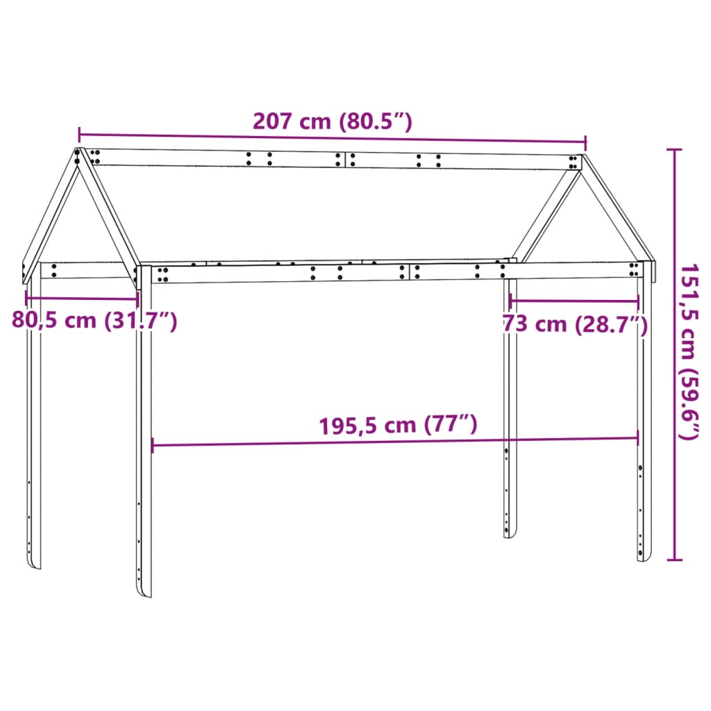 vidaXL bērnu gultas jumts, brūns, 207x80,5x151,5 cm, priedes masīvkoks