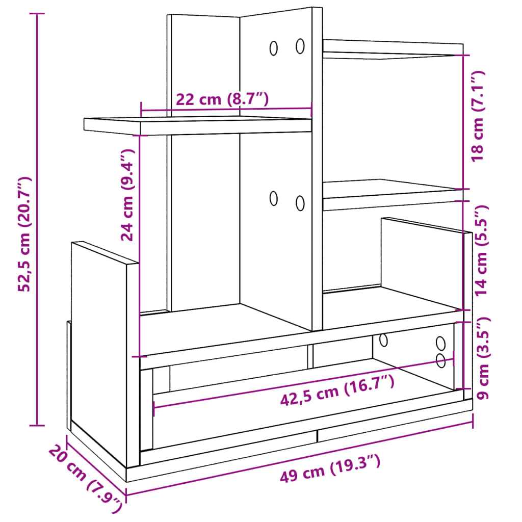 vidaXL rakstāmgalda organizators, pelēka ozola, 49x20x52,5 cm, koks