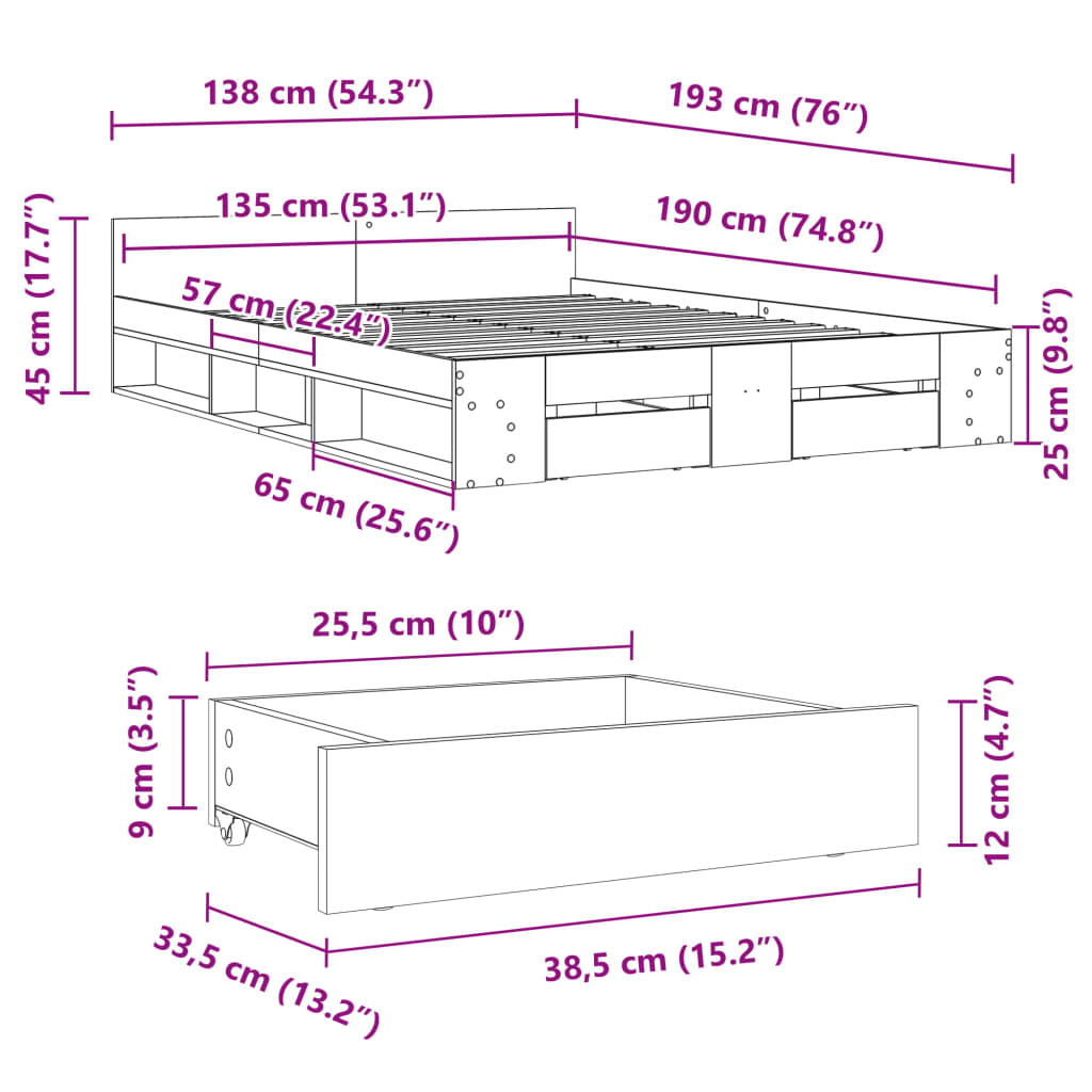 vidaXL gultas rāmis ar atvilktnēm, melns, 135x190cm, inženierijas koks