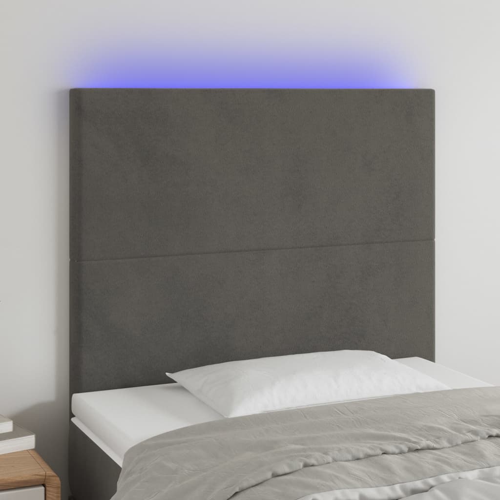 vidaXL gultas galvgalis ar LED, 100x5x118/128 cm, tumši pelēks samts