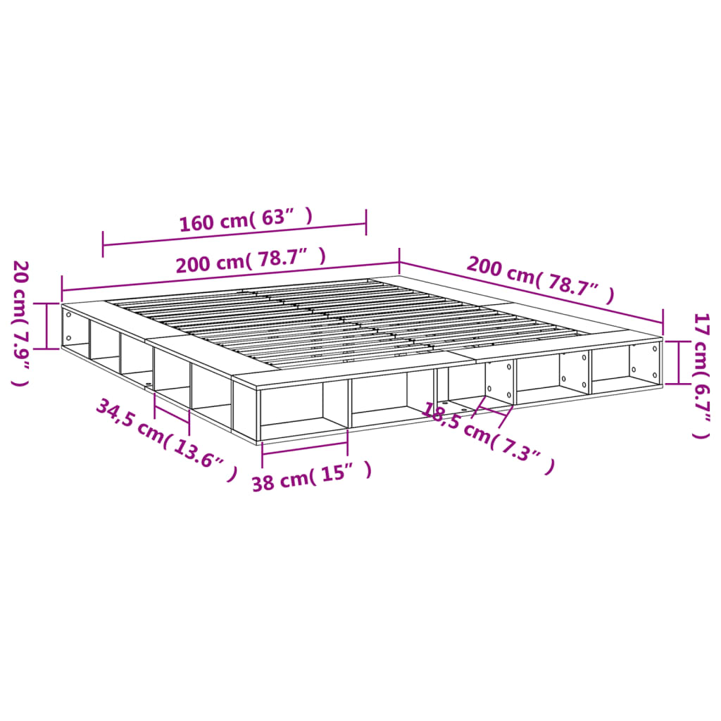 vidaXL gultas rāmis, pelēka ozolkoka, 200x200 cm, inženierijas koks