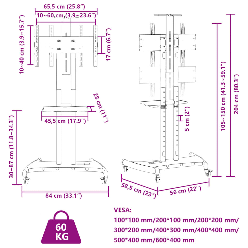 vidaXL TV statīvs uz riteņiem, 32-70 collu ekrānam, 600x400 mm, 60 kg