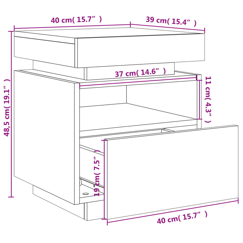 vidaXL naktsskapītis ar LED, melns, 40x39x48,5 cm