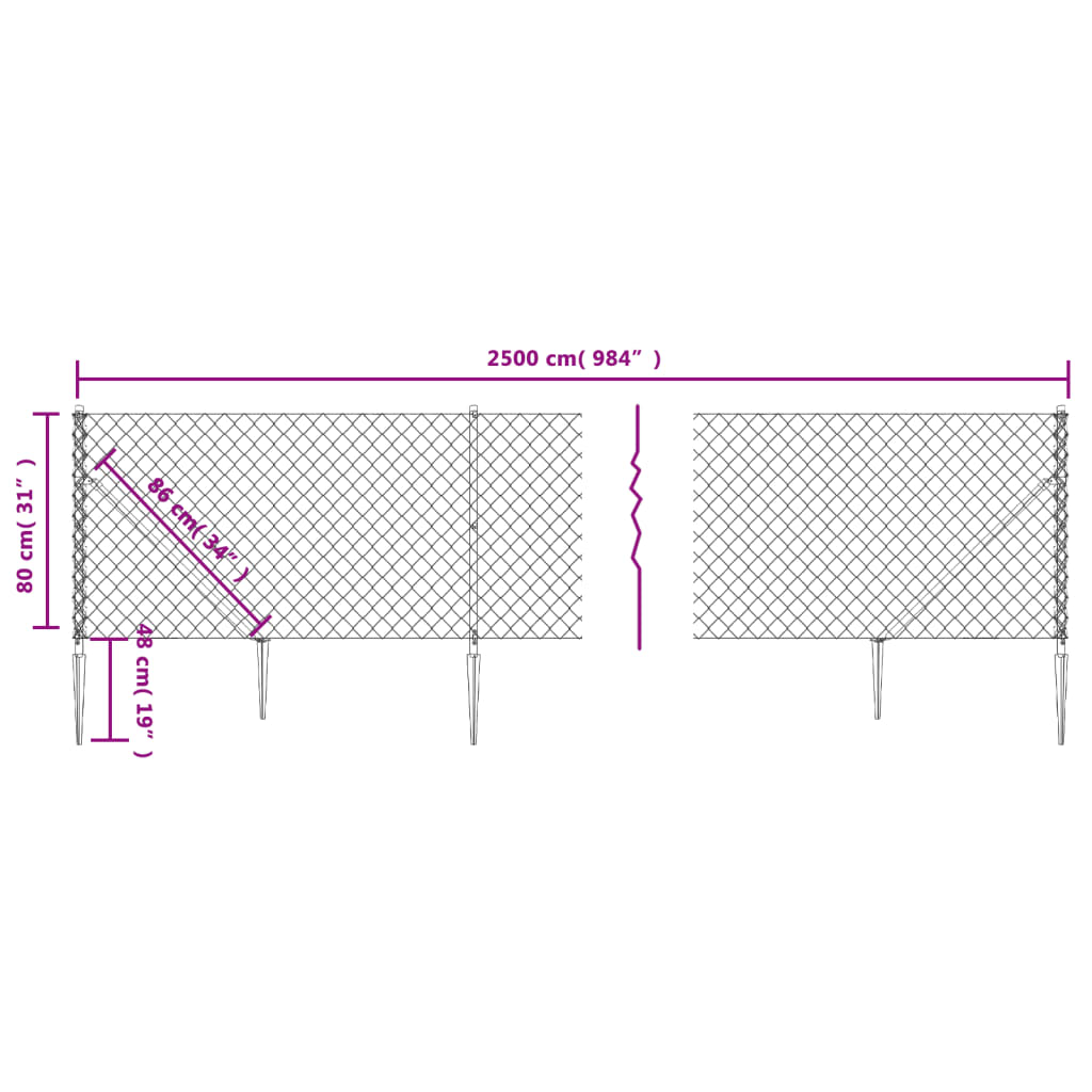 vidaXL stiepļu žogs ar zemes mietiņiem, zaļš, 0,8x25 m