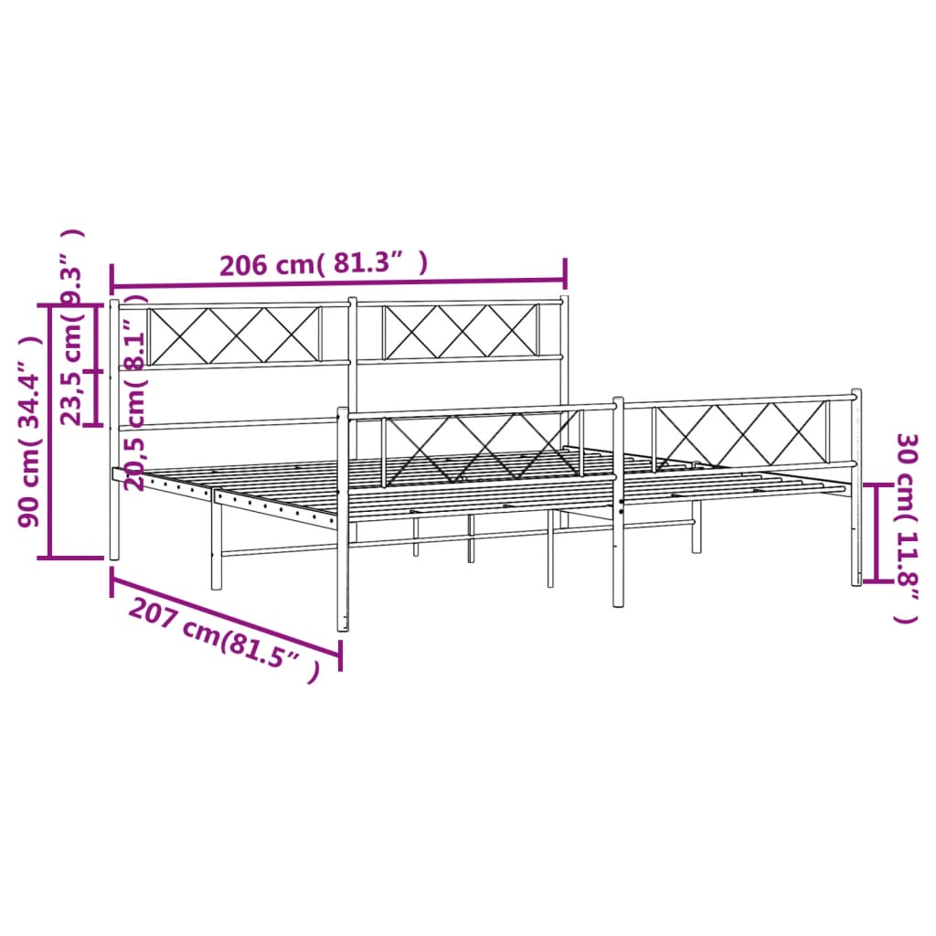 vidaXL gultas rāmis ar galvgali un kājgali, melns metāls, 200x200 cm