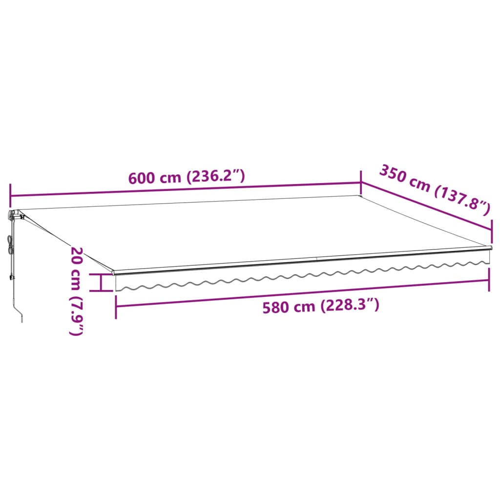 vidaXL automātiski izvelkama markīze, LED, vīnsarkana, 600x350 cm