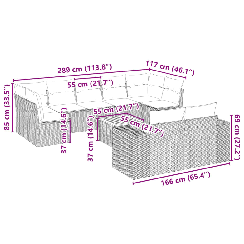 vidaXL 10-daļīgs dārza dīvāna komplekts, matrači, bēša PE rotangpalma