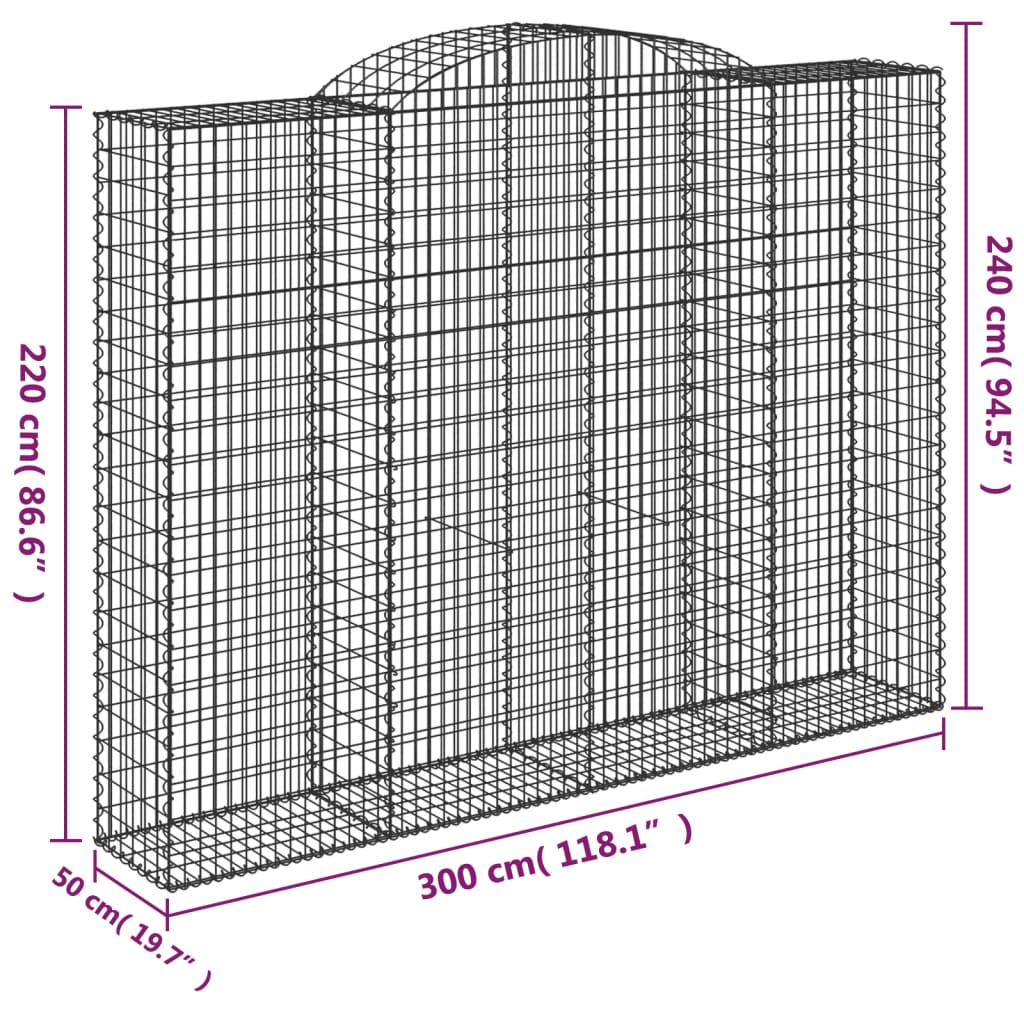 vidaXL arkveida gabiona grozi, 2 gb., 300x50x220/240cm, cinkota dzelzs