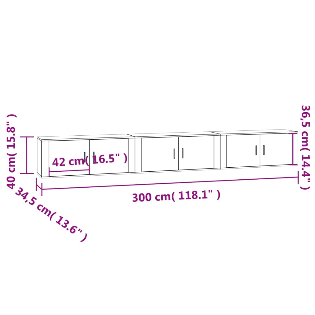 vidaXL sienas TV skapīši, 3 gab., balti, 100x34,5x40 cm