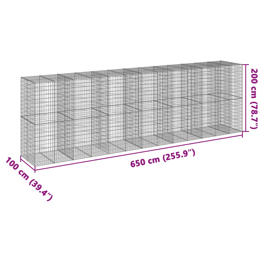 vidaXL gabiona grozs ar vāku, 650x100x200 cm, cinkota dzelzs