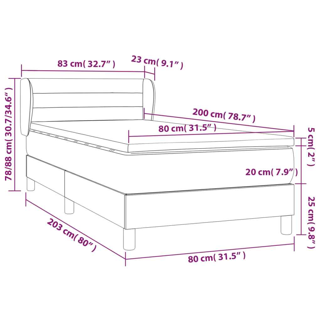 vidaXL atsperu gultas rāmis ar matraci, krēmkrāsas, 80x200 cm, audums