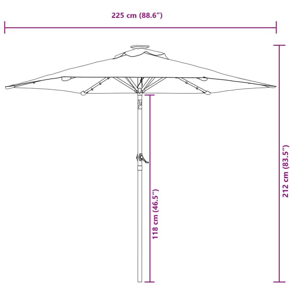 vidaXL dārza saulessargs ar LED, tērauda kāts, zaļš, 225x225x212 cm