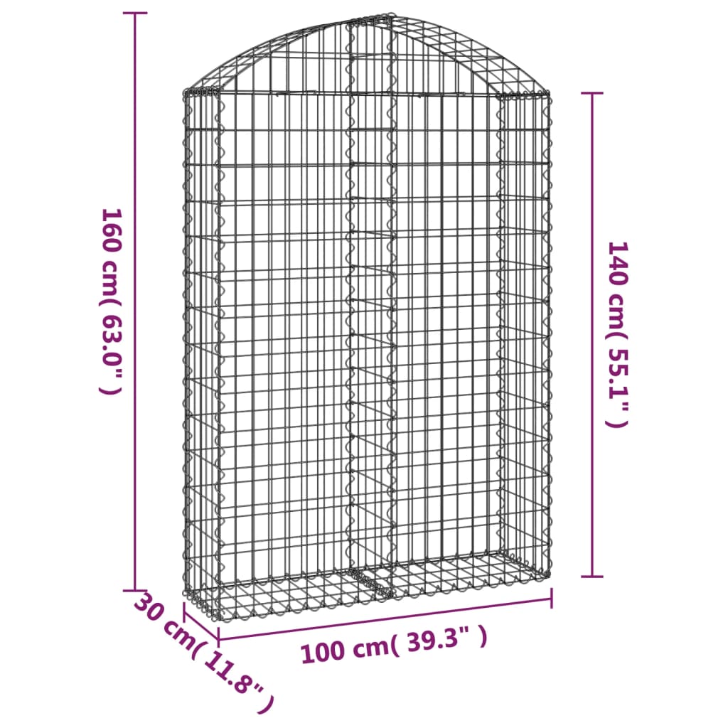 vidaXL arkveida gabiona grozs, 100x30x140/160 cm, cinkota dzelzs