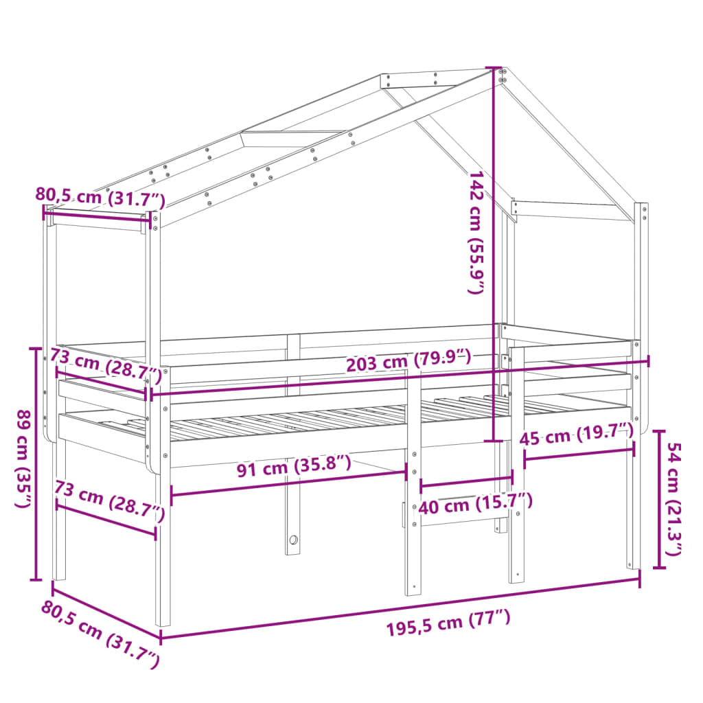 vidaXL augstā gulta ar jumtu vaska brūnas 75x190 cm priedes masīvkoks