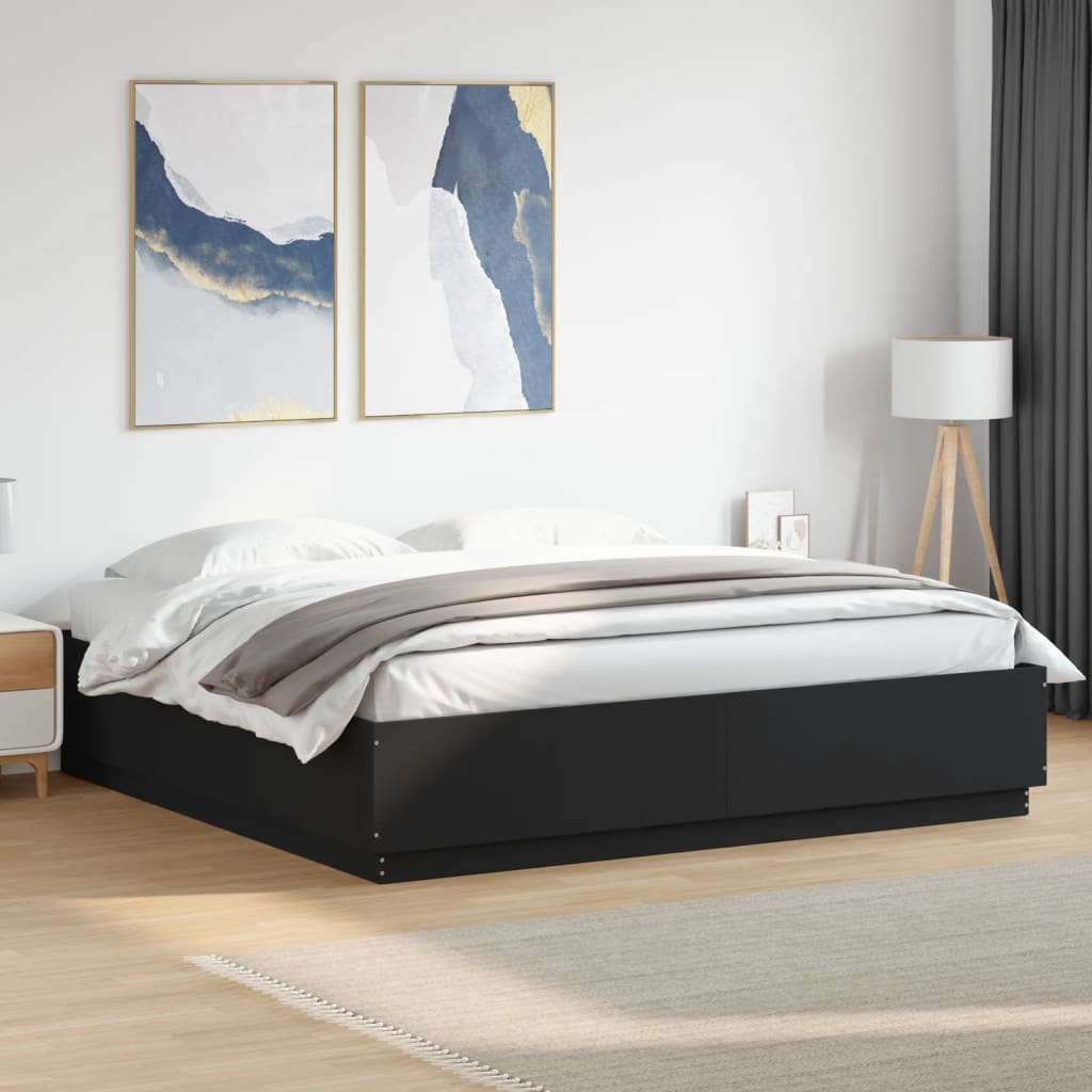 vidaXL gultas rāmis ar LED, melns, 200x200 cm, inženierijas koks