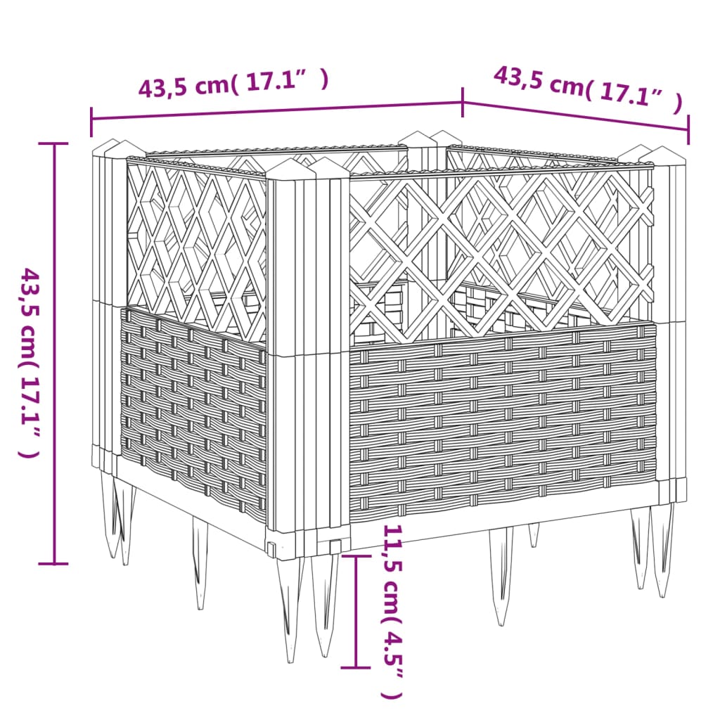 vidaXL dārza puķu kaste ar mietiņiem, brūna, 43,5x43,5x43,5 cm, PP