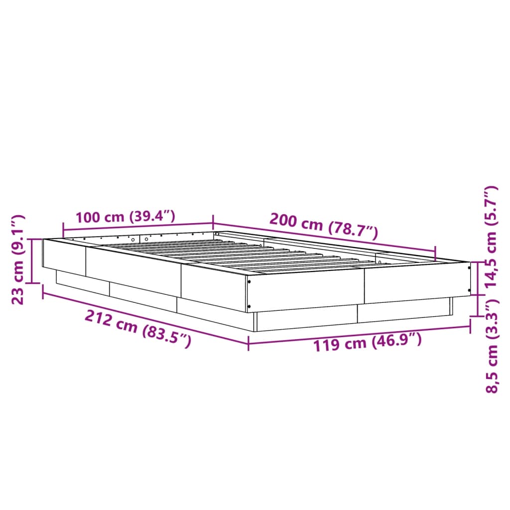 vidaXL gultas rāmis ar LED, brūna koka, 100x200 cm, inženierijas koks