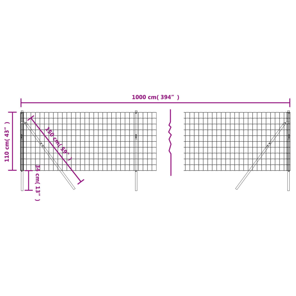 vidaXL stiepļu žogs, pelēks, 1,1x10 m, cinkots tērauds