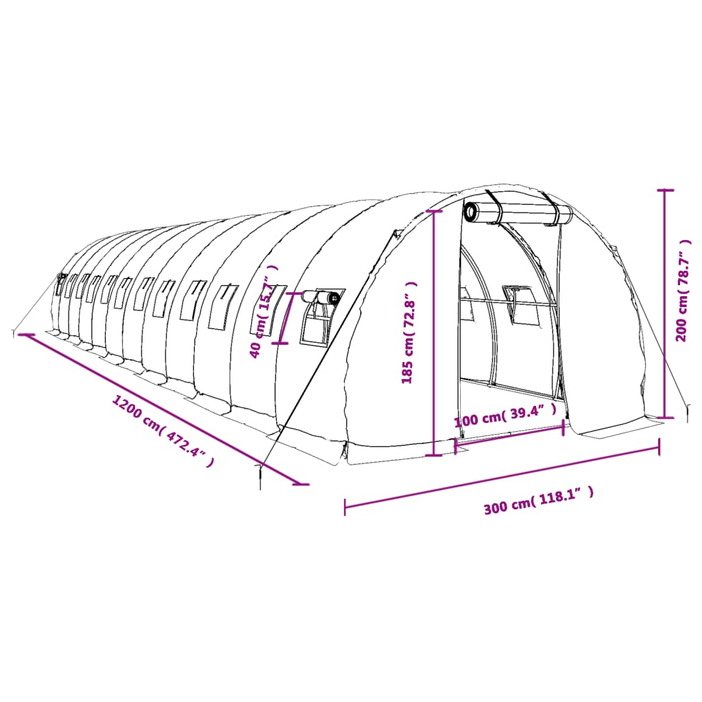 vidaXL siltumnīca ar tērauda rāmi, balta, 36 m², 12x3x2 m