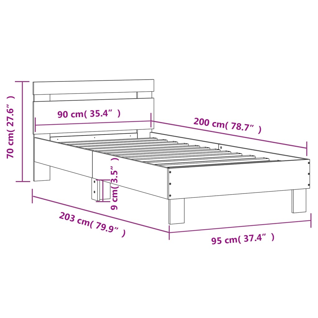 vidaXL gultas rāmis ar galvgali, balts, 90x200 cm, inženierijas koks