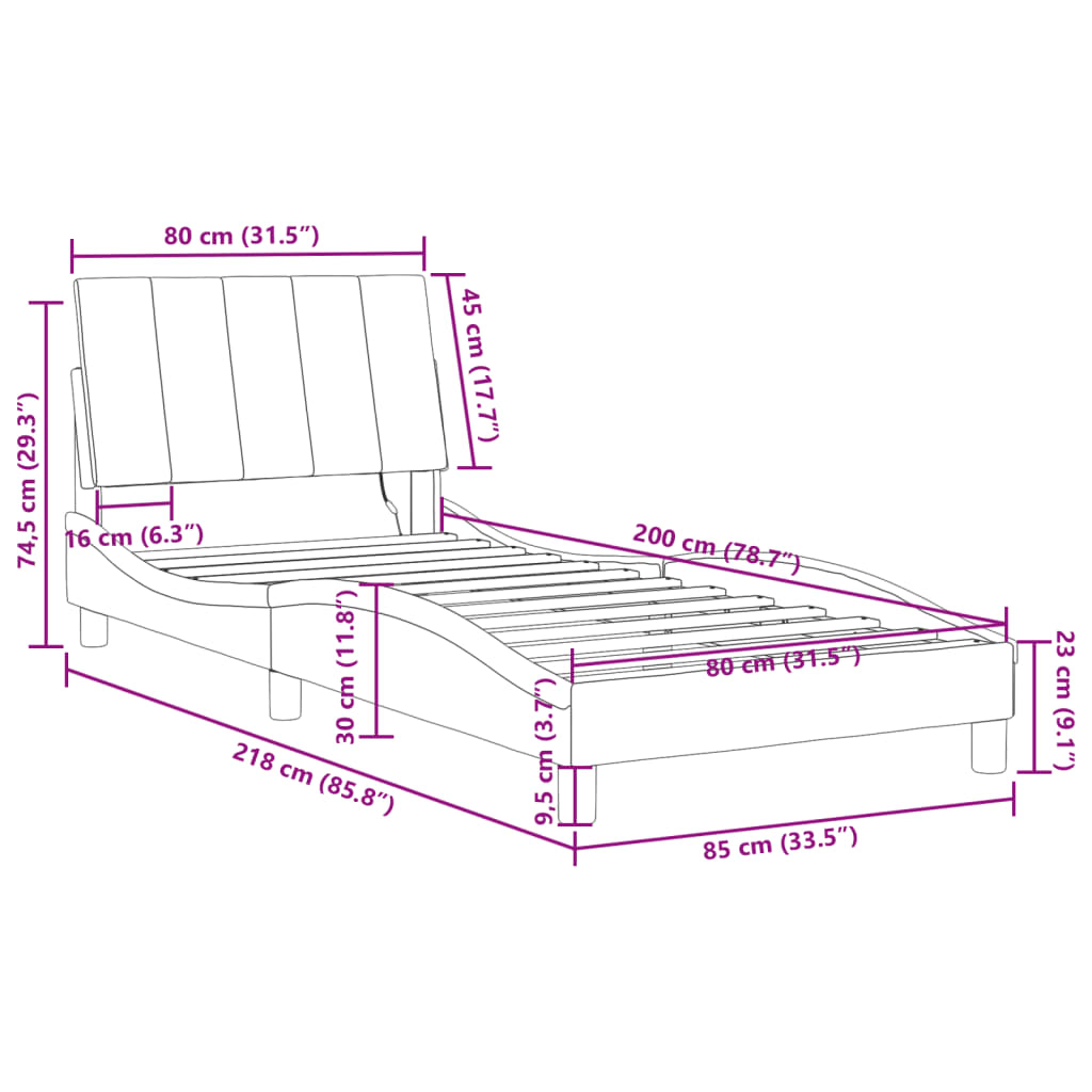 vidaXL gultas rāmis ar LED, melns samts, 80x200 cm