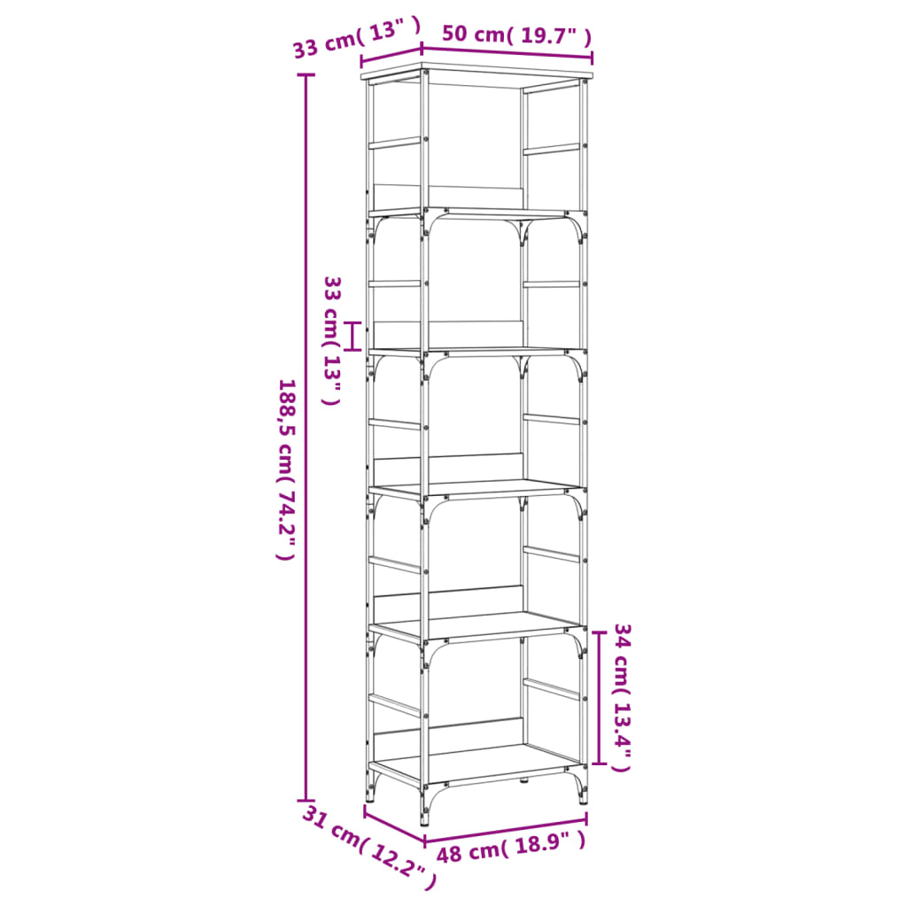 vidaXL grāmatplaukts, ozolkoka, 50x33x188,5 cm, inženierijas koks