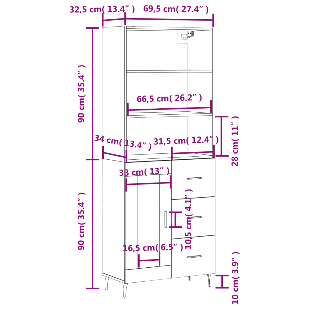 vidaXL augstais skapis, ozolkoka, 69,5x34x180 cm, inženierijas koks