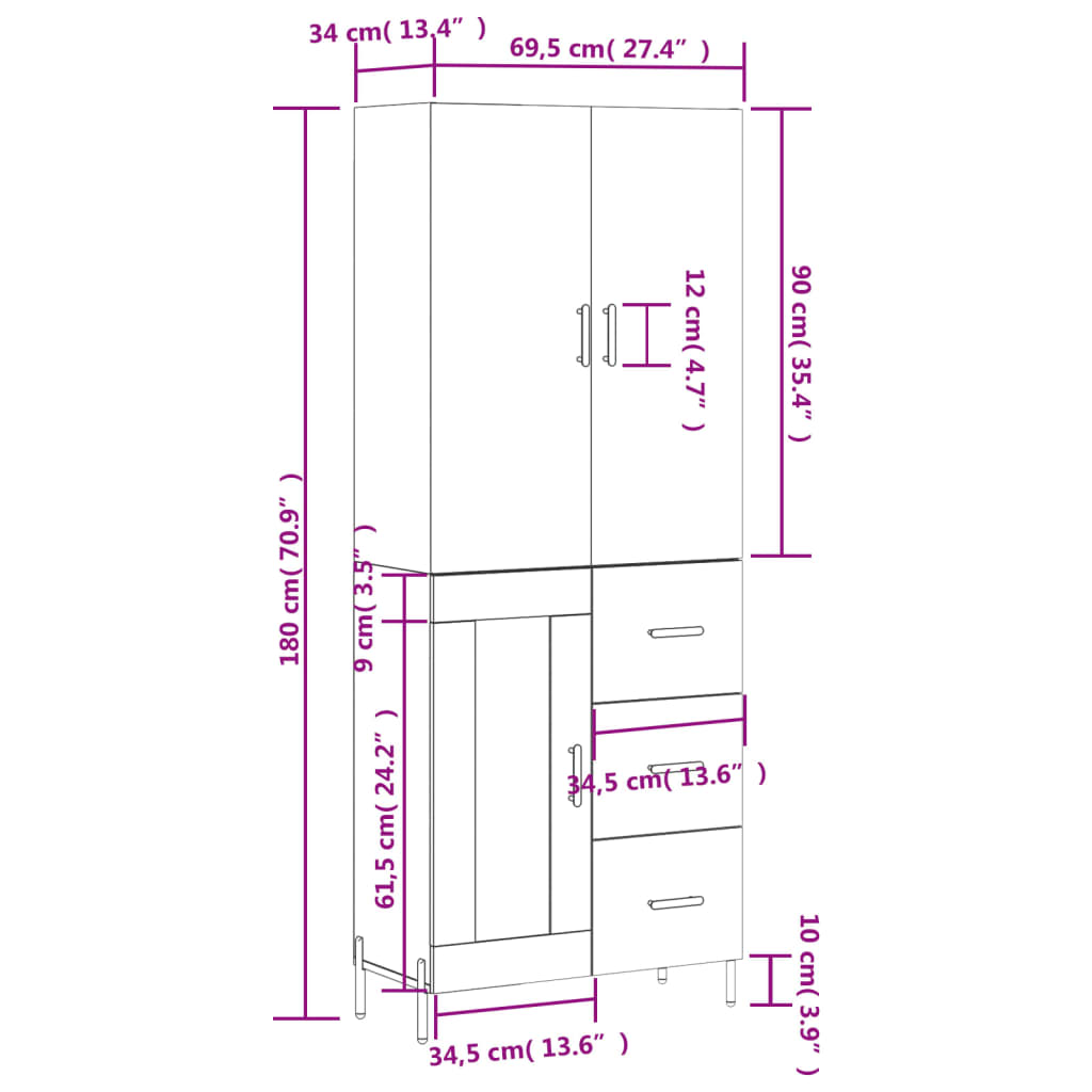 vidaXL augstais skapis, ozolkoka, 69,5x34x180 cm, inženierijas koks