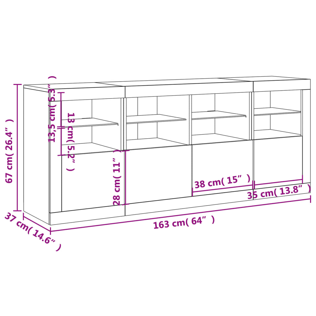 vidaXL kumode ar LED lampiņām, 163x37x67 cm, balta