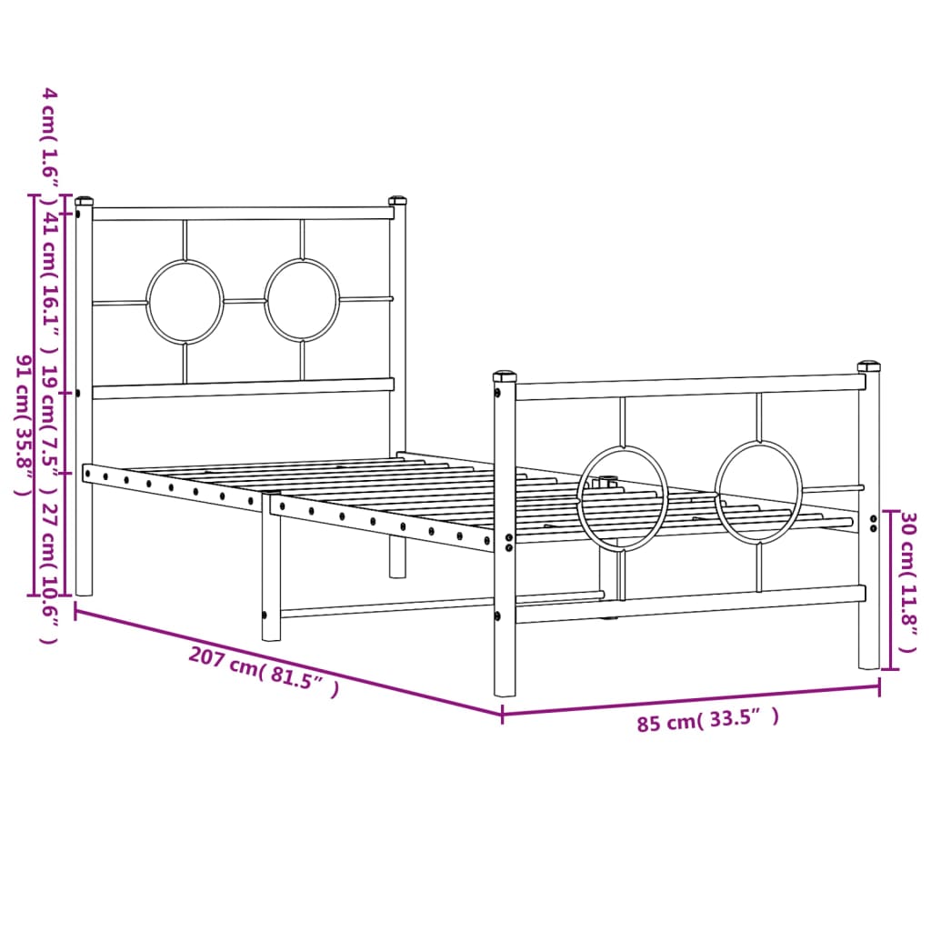 vidaXL gultas rāmis ar galvgali un kājgali, melns metāls, 80x200 cm