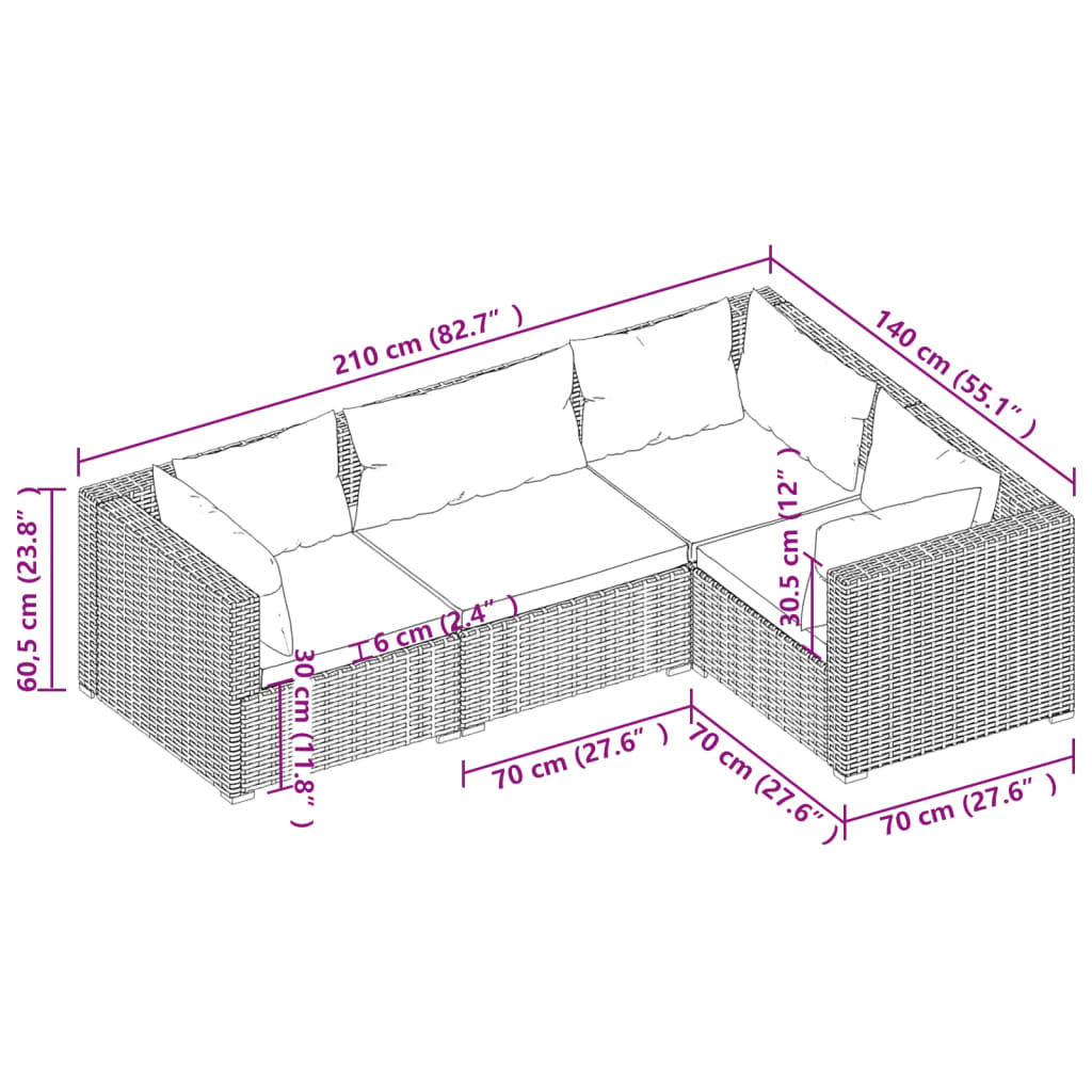 vidaXL 4-daļīgs dārza atpūtas mēbeļu komplekts, melna PE rotangpalma