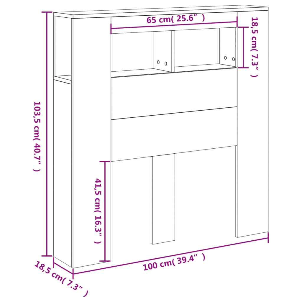 vidaXL gultas galvgalis ar LED, pelēka ozola, 100x18,5x103,5 cm, koks