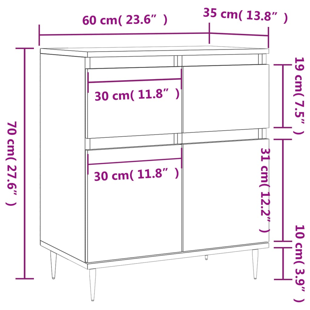 vidaXL kumode, pelēka ozolkoka, 60x35x70 cm, inženierijas koks