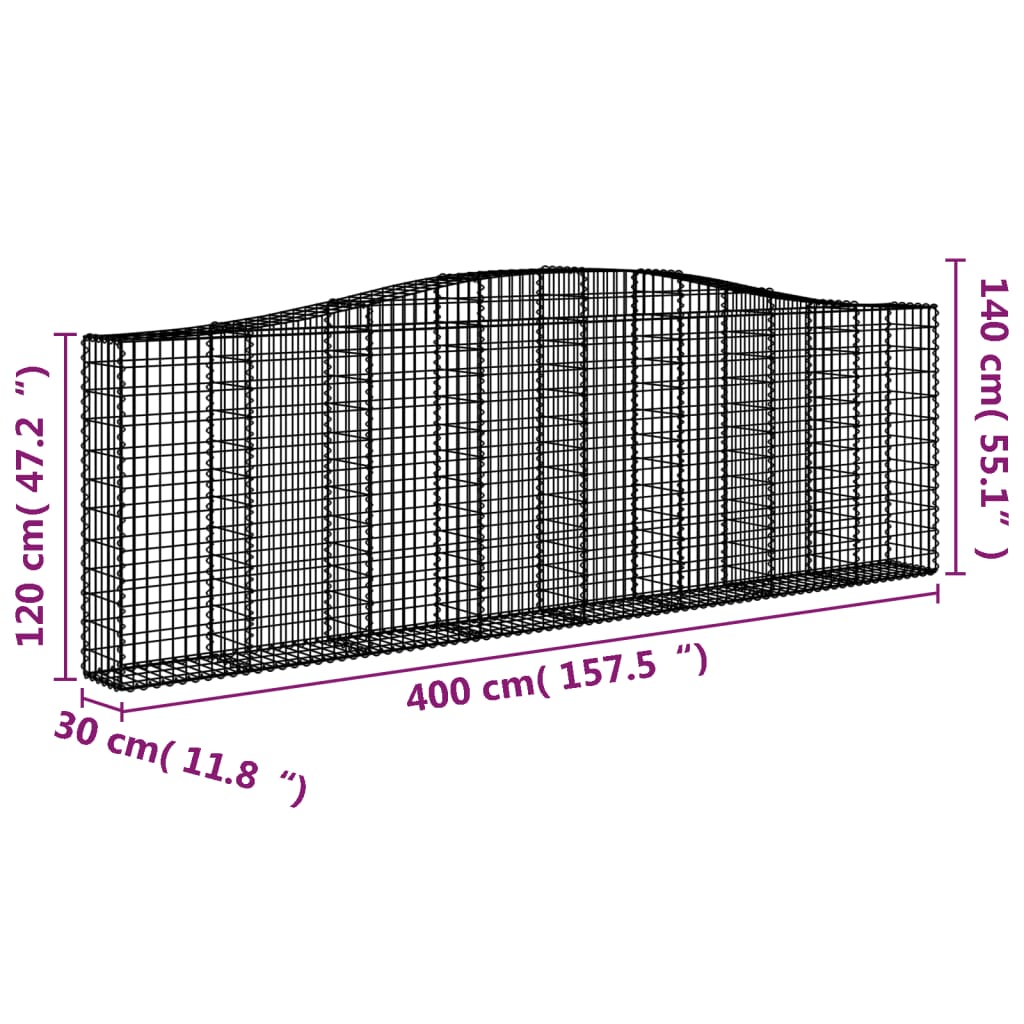 vidaXL arkveida gabiona grozi, 15gb., 400x30x120/140cm, cinkota dzelzs